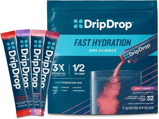 DripDrop Electrolyte Powder Packets, Juicy Variety (32 count)